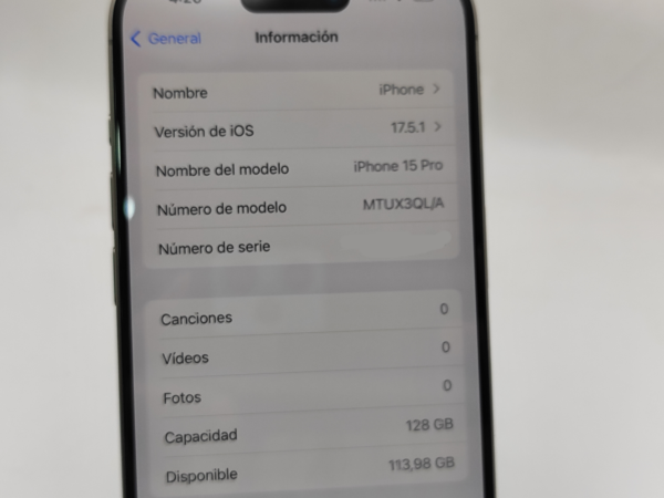 IMG 20240731 1326191.jpg APPLE IPHONE 15 PRO 128GB BAT-100% - GRIS TITANIO + CAJA + CARGADOR