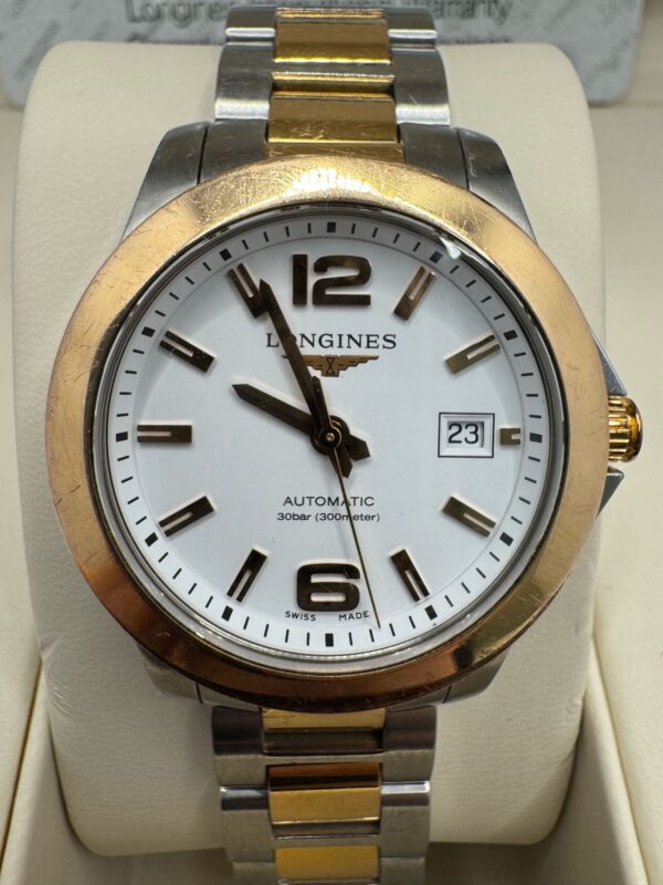 16 U530300 8 RELOJ LONGINESS CONQUEST CORREA DE ACERO Y DORADA + CERTIFICADO + 2 ESLABONES+ LIBRO + CAJA